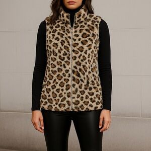 Lomon Leopard Print Faux Fur Fuzzy Zip Vest – Size Medium